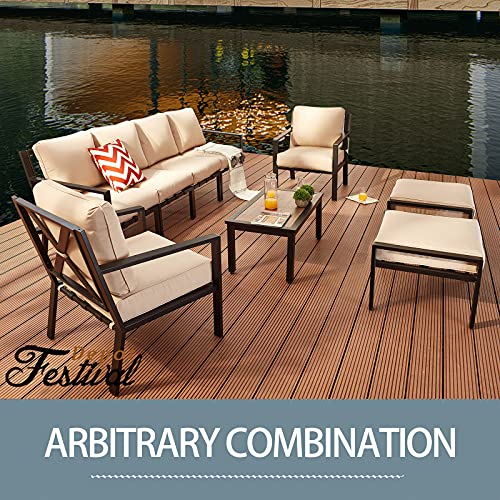 Festival Depot 7 Pieces Patio Furniture Set All-Weather Polyester Fabrics Metal Frame Sofa Outdoor Conversation Sectional Set Armrest Chair with Cushion & Coffee Table for Deck Poolside Balcony(Beige) 