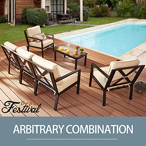 Festival Depot 4 Pieces Patio Furniture Set All-Weather Polyester Fabrics Metal Frame Sofa Outdoor Conversation Set Sectional Corner Couch with Cushions & Coffee Table for Deck Poolside Balcony(Beige) 