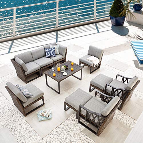 Festival Depot 10Pc Outdoor Furniture Patio Conversation Set Sectional Corner Sofa Chairs All Weather Wicker Ottoman Metal Frame Slatted Coffee Table with Thick Grey Seat Back Cushions Without Pillows 