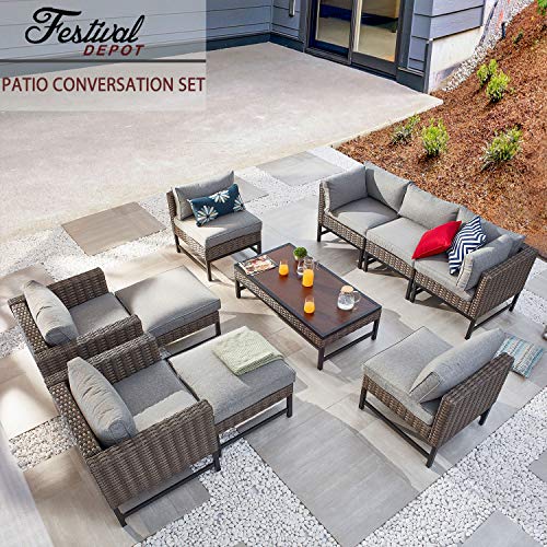 Festival Depot 10 Pieces Patio Conversation Set Outdoor Furniture Combination Sectional Sofa Loveseat Chaise All-Weather Wicker Metal Chairs with Seating Back Cushions Side Coffee Table,Gray 