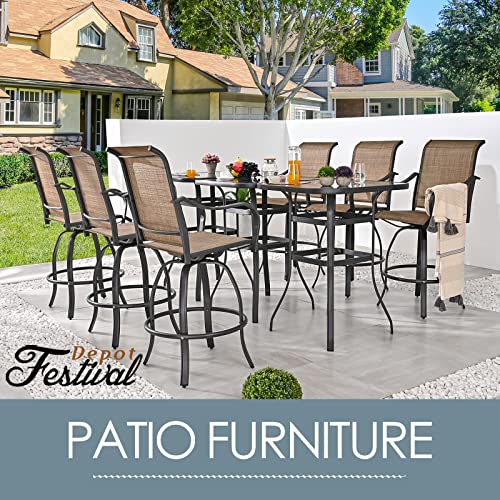 Festival Depot 9pcs Patio Dining Set Bar Height Stools Swivel Bistro Chairs with Armrest and Tempered Glass Top Table Metal Outdoor Furniture for Yard (Brown)