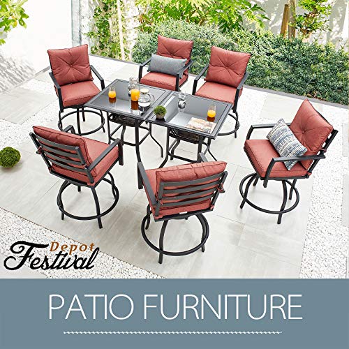 Outdoor Patio Bar Set with High Stool 360° Swivel Armrest Chairs with Soft&Comfort Cushions Square Tempered Glass Top Table