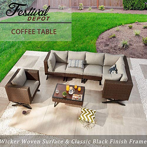 Festival Depot Patio Table Rattan Coffee Table with Aluminum Tabletop and X Shaped Leg All Weather Outdoor Wicker Furniture for Backyard Porch Garden