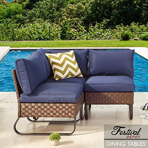 Festival Depot Dining Outdoor Patio Bistro Furniture Corner Section Chairs Wicker Rattan Premium Fabric Soft & Deep Cushions with Side U Shaped Slatted Steel Legs for Garden Yard Poolside All-Weather