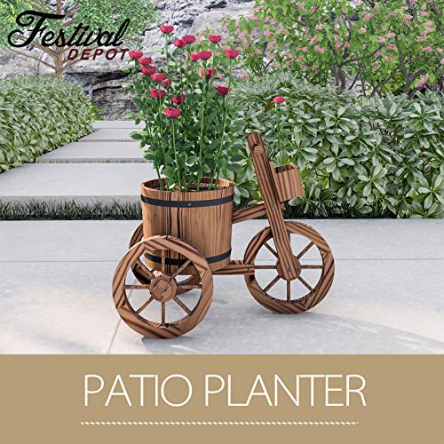 Festival Depot Outdoor Wooden Wagon Tricycle Planter Flower Pot Holder with Bucket Wheels Garden Decorative Barrel Stand for Patio Deck Lawn 