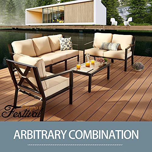 Festival Depot 4 Pieces Patio Furniture Set All-Weather Polyester Fabrics Metal Frame Sofa Outdoor Conversation Set Sectional Corner Couch with Cushions & Coffee Table for Deck Poolside Balcony(Beige) 