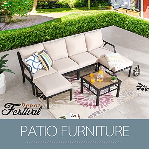 Festival Depot 7 Pcs Patio Conversation Set Sectional Chair Ottoman with Cushions and Coffee Table All Weather Outdoor Furniture for Deck Garden, Beige 