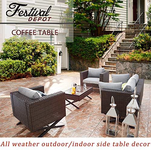 Festival Depot Metal Outdoor Side Coffee Table Patio Bistro Living Room Dining Table Wood Grain Top Wicker Rattan Furniture with X Shaped Steel Legs Brown Black