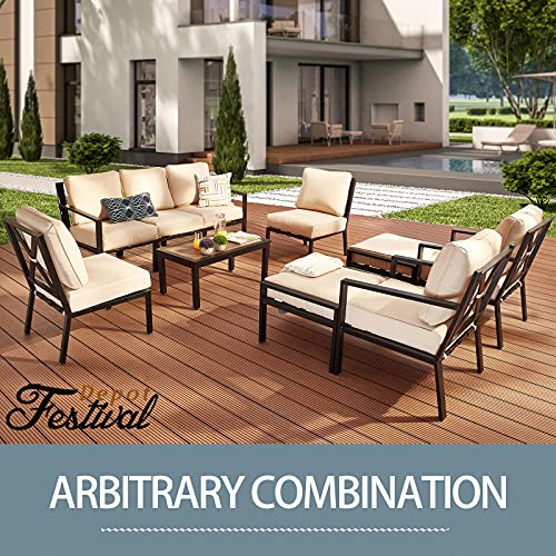 Festival Depot 6 Pieces Patio Furniture Set All-Weather Polyester Fabrics Metal Frame Sofa Outdoor Conversation Set Sectional Armless Chair with Cushion & Coffee Table for Deck Poolside Balcony(Beige)