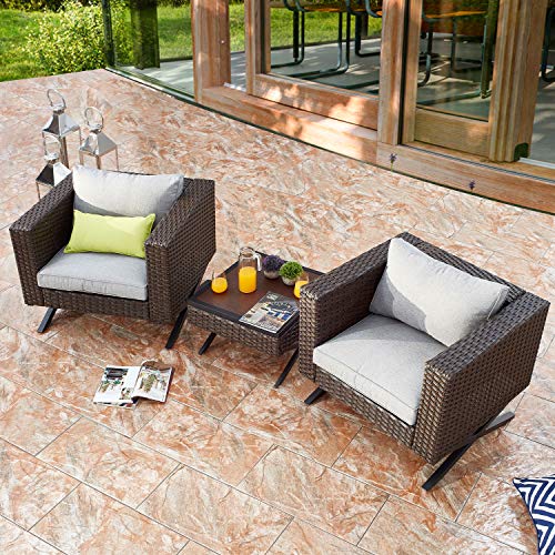 3-Piece Bistro Outdoor Conversation Set Wicker Rattan Armrest Chairs with Deep Cushion Square Wood Grain Top Side Coffee Table