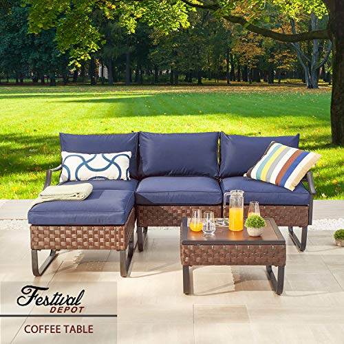 Festival Depot Coffee Outdoor Dining Furniture Bistro Side Patio Table Square Wicker Rattan Wood Grain Desktop with Side U Shaped Slatted Steel Leg Lawn Garden All Weather 23.6"(L)*23.6"(W)*13.7"(H)