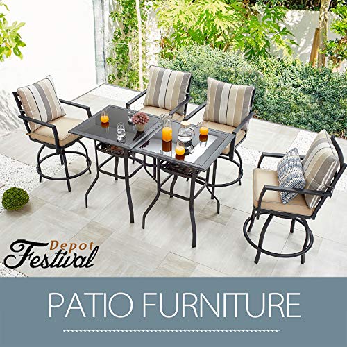 Outdoor Patio Bar Set with High Stool 360° Swivel Armrest Chairs with Soft&Comfort Cushions Square Tempered Glass Top Table