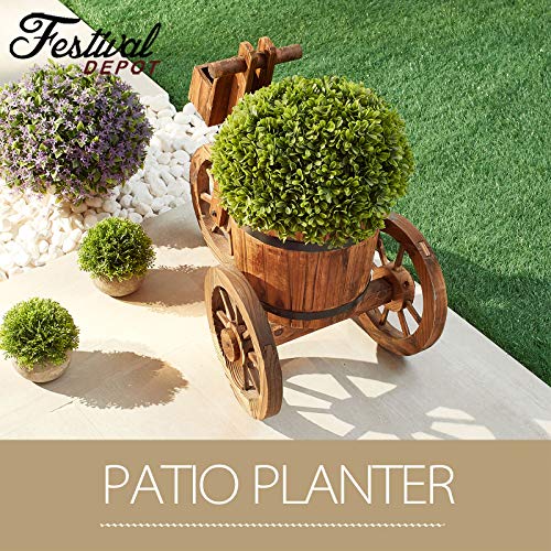 Festival Depot Outdoor Wooden Wagon Tricycle Planter Flower Pot Holder with Bucket Wheels Garden Decorative Barrel Stand for Patio Deck Lawn 