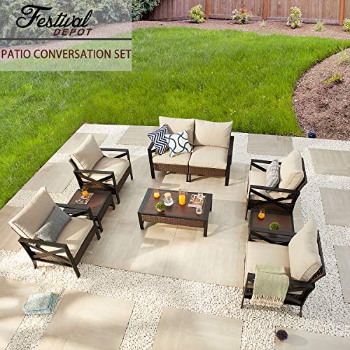 Festival Depot 9 Pcs Patio Outdoor Furniture Conversation Set Sectional Sofa with All-Weather Brown PE Rattan Wicker Back Chair, Coffee Side Table and Soft Thick Removable Couch Cushions