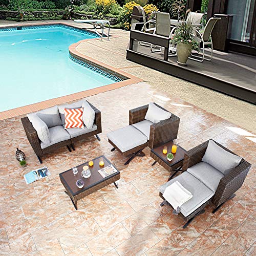 Festival Depot 8pcs Outdoor Furniture Patio Conversation Set Sectional Sofa Chairs with X Shaped Metal Leg All Weather Brown Rattan Wicker Ottoman Coffee Table with Grey Thick Seat Back Cushions 