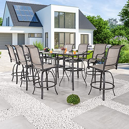 Festival Depot 11Pcs Bar Bistro Outdoor Patio Dining Furniture Sets High Stools 360° Swivel Chairs With Slatted Steel Curved Armrest Coffee Table Tempered Glass Desktop (8 Chairs,3 Table)