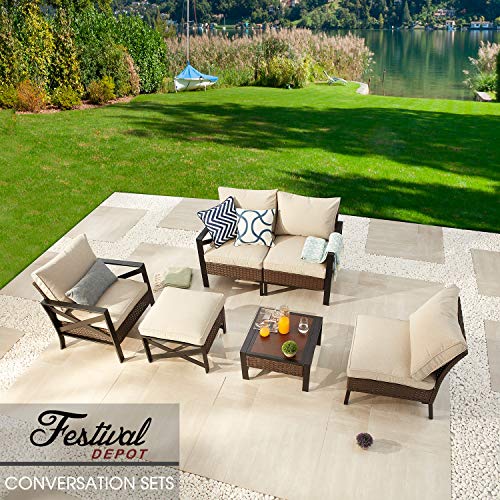 Festival Depot 6-Piece Bistro Outdoor Patio Furniture Conversation Set Wicker Rattan X-Arm Corner Chairs Ottoman with Cushion Square Wood Grain Top Side Table with Side X Shaped Slatted Steel Legs 