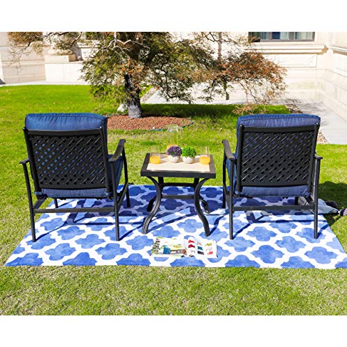 3-Piece Patio Bistro Set Metal Dining Chairs with Thick Cushions and Ceramic Top Side Table (Blue)