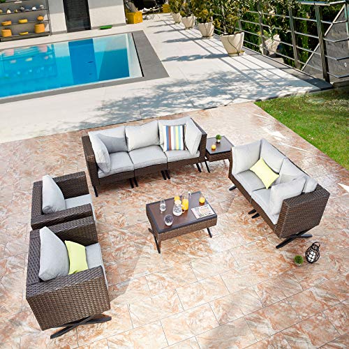 Festival Depot 9 pcs Outdoor Furniture Patio Conversation Set Sectional Corner Sofa Chairs with X Shaped Metal Leg All Weather Brown Rattan Wicker Square Side Coffee Table with Grey Seat Back Cushions