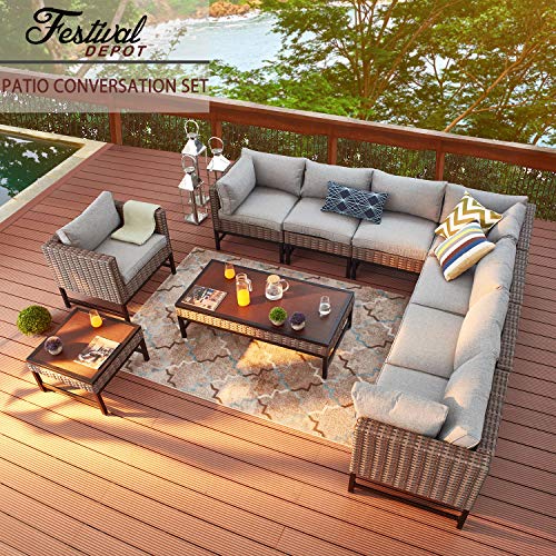 Festival Depot 10 Pieces Outdoor Furniture Patio Conversation Set Combination Sectional Corner Sofa All-Weather Wicker Metal Armchairs with Seating Back Cushions Side Coffee Table,Gray