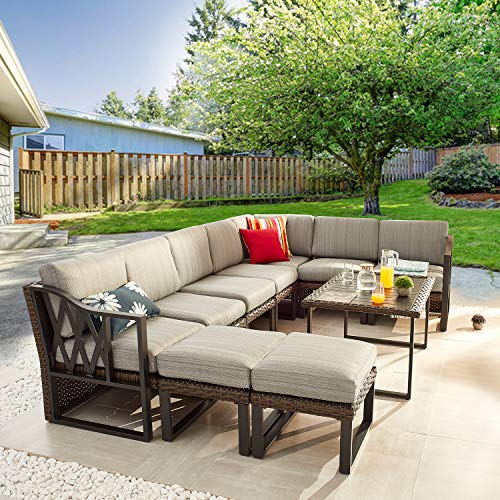 Festival Depot 10Pc Outdoor Furniture Patio Conversation Set Sectional Corner Sofa Chairs All Weather Wicker Ottoman Metal Frame Slatted Coffee Table with Thick Seat Back Cushions (Grey)