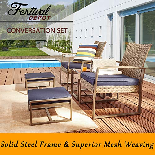 Luxurious 5 Piece Rattan Conversation Set with Cushioned Armchairs, Ottoman, & Glass Coffee Table