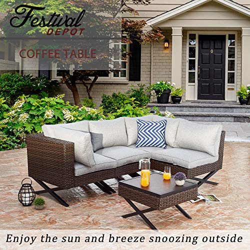 Festival Depot Metal Outdoor Side Coffee Table Patio Bistro Living Room Dining Table Wood Grain Top Wicker Rattan Furniture with X Shaped Steel Legs Brown Black