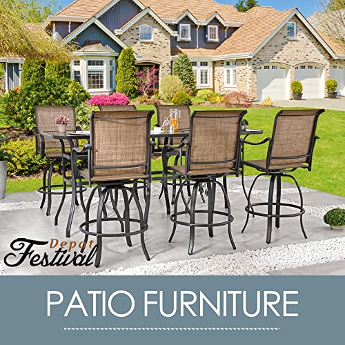 Festival Depot 9pcs Patio Dining Set Bar Height Stools Swivel Bistro Chairs with Armrest and Tempered Glass Top Table Metal Outdoor Furniture for Yard (Brown)