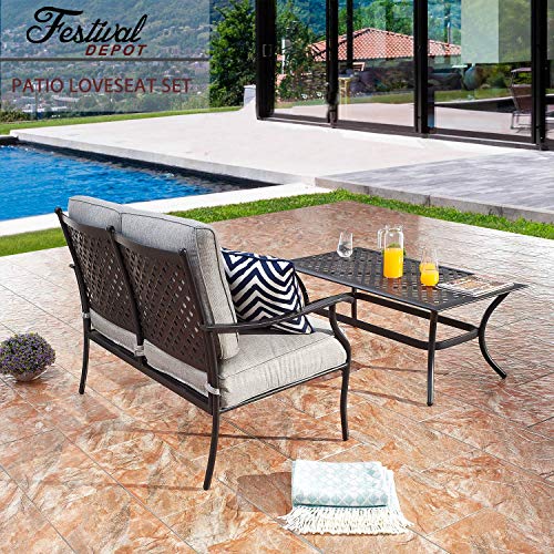 Festival Depot 2Pcs Patio Loveseat Set with Thick Cushions and Coffee Table Outdoor Metal Frame Seating Bench for Garden Bistro, Beige