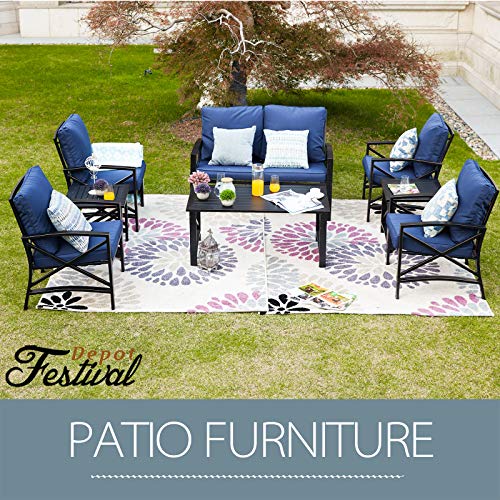 Festival Depot Outdoor Furniture Patio Conversation Set Metal Bistro Table Coffee Table Loveseat Armchairs with Seat and Back Cushions Without Pillows for Lawn Beach Backyard Pool