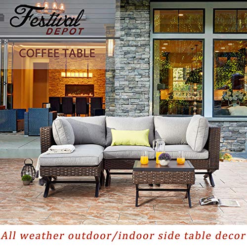 Festival Depot Metal Outdoor Side Coffee Table Patio Bistro Living Room Dining Table Wood Grain Top Wicker Rattan Furniture with X Shaped Steel Legs Brown Black