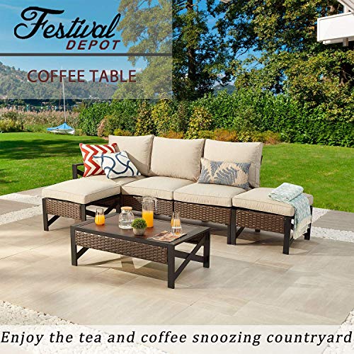 Festival Depot Patio Table Rattan Coffee Table with Aluminum Tabletop and X Shaped Leg All Weather Outdoor Wicker Furniture for Backyard Porch Garden