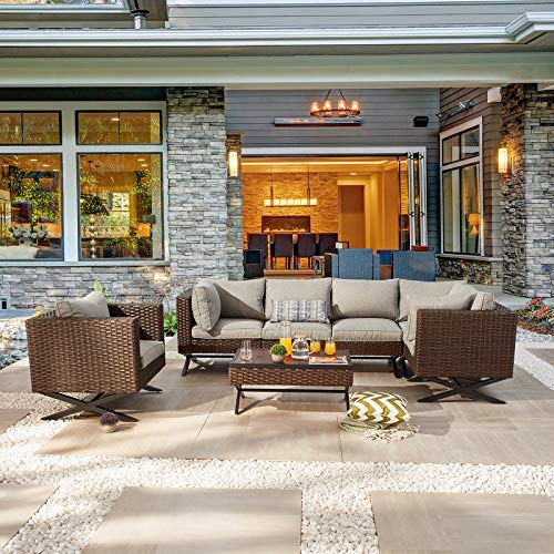 Festival Depot 7pcs Outdoor Furniture Patio Conversation Set Sectional Corner Sofa Chairs with X Shaped Metal Leg All Weather Brown Rattan Wicker Rectangle Coffee Table with Grey Seat Back Cushions 