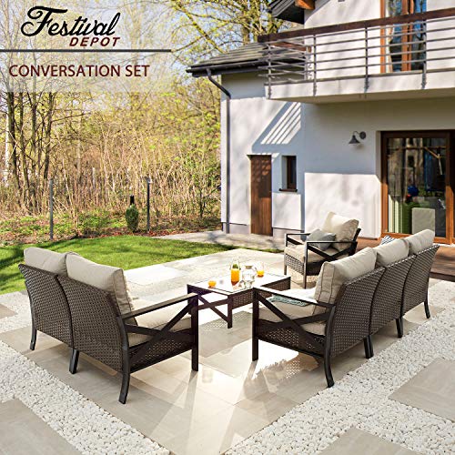 Festival Depot 7 Pcs Patio Outdoor Furniture Loveseat Conversation Set Sectional Sofa with All-Weather Brown Wicker Back Chair, Coffee Side Table, Ottoman and Soft Thick Removable Couch Cushion 