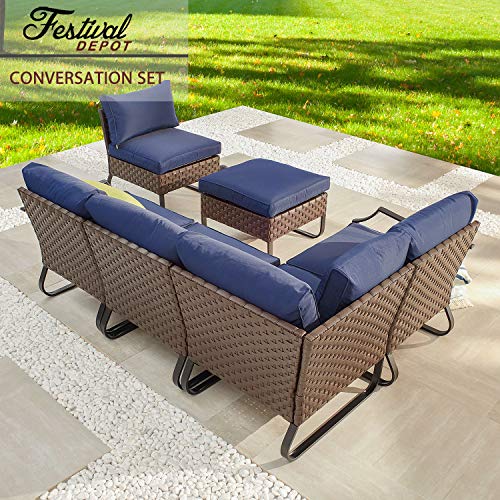 Festival Depot 6 Pieces Patio Outdoor Furniture Conversation Sets Sectional Corner Sofa, All-Weather PE Rattan Brown Wicker Back Chair with Ottoman and Thick Soft Removable Couch Cushions(Blue)