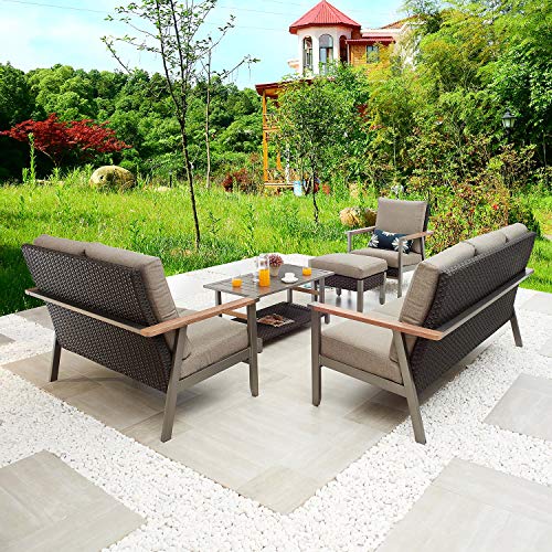 Festival Depot 5pcs Patio Conversation Set Wicker Armchair All Weather Rattan Loveseat 3-Seater Sofa with Thick Cushions in Metal Frame Coffee Table Outdoor Furniture for Deck