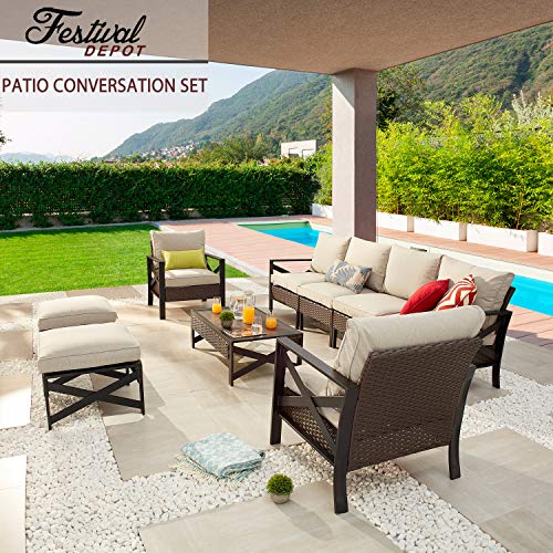 Festival Depot 9 Pcs Patio Outdoor Furniture Conversation Set Sectional Sofa with All-Weather Brown PE Rattan Wicker Back Chair, Ottoman, Coffee Table and Soft Thick Removable Couch Cushions 