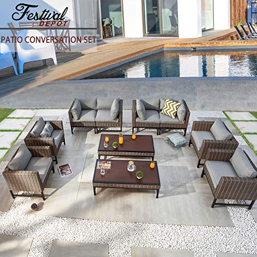 Festival Depot 10 Pieces Outdoor Furniture Patio Conversation Set Combination Sectional Sofa All-Weather Woven Wicker Metal Chairs with Seating Back Cushions Side Coffee Table, Gray 