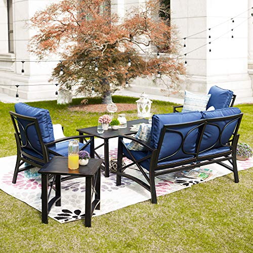 Festival Depot Outdoor Furniture Patio Conversation Set Metal Bistro Table Coffee Table Loveseat Armchairs with Seat and Back Cushions Without Pillows for Lawn Beach Backyard Pool