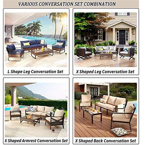 Festival Depot 6 Pieces Outdoor Conversation Set Sectional Wicker Chair with Thick Cushions and Rattan Coffee Table for Deck Lawn Backyard (Gray) 