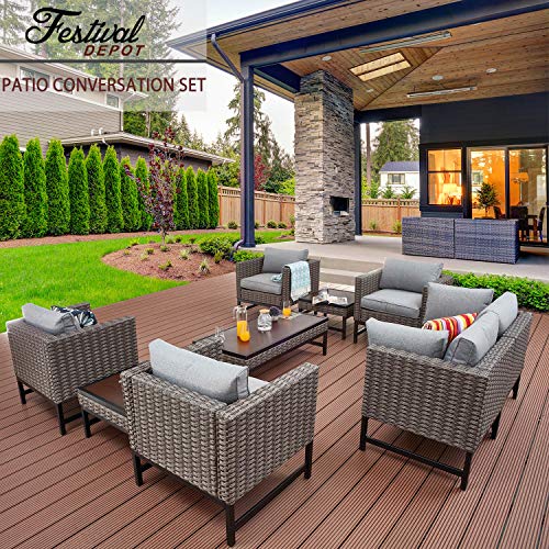 Festival Depot 9 Pieces Outdoor Furniture Patio Conversation Set Combination Sectional Sofa Loveseat All-Weather Woven Wicker Metal Armchairs with Seating Back Cushions Side Coffee Table,Gray