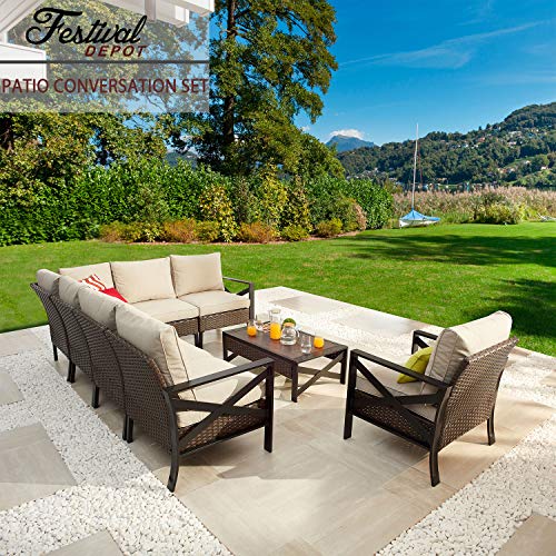 Festival Depot 8 Pcs Patio Outdoor Furniture Conversation Set Sectional Sofa with All-Weather Brown PE Rattan Wicker Back Chair, Coffee Table and Soft Thick Removable Couch Cushions 