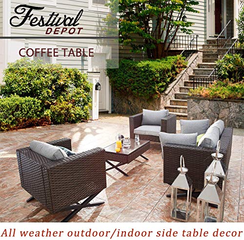 Festival Depot Patio Table Rattan Coffee Table with Aluminum Tabletop and X Shaped Leg All Weather Outdoor Wicker Furniture for Backyard Porch Garden