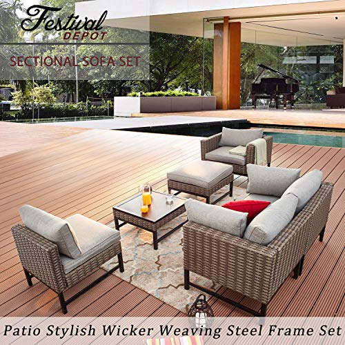 Festival Depot 6pc Patio Conversation Set Combination Sectional Corner Sofa Set Outdoor All-Weather Wicker Metal Chairs with Seating Back Cushions Side Coffee Table Ottoman Garden Poolside,Gray 