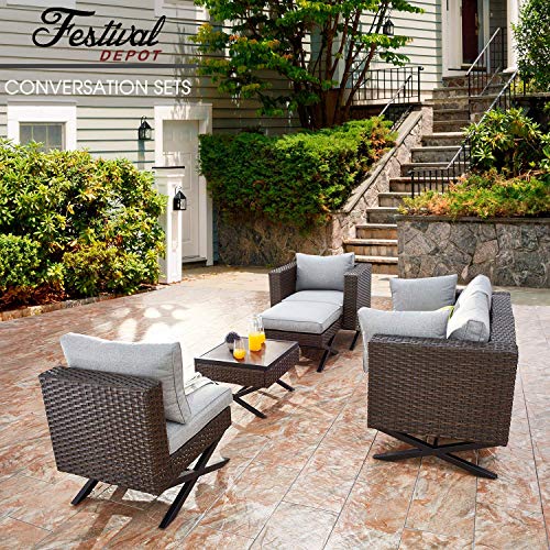 Festival Depot 6-Piece Bistro Outdoor Patio Furniture Conversation Set Wicker Rattan Corner ArmChairs Ottoman with 3.1" Cushion Square Wood Grain Top Side Coffee Table with X Shaped Slatted Steel Legs