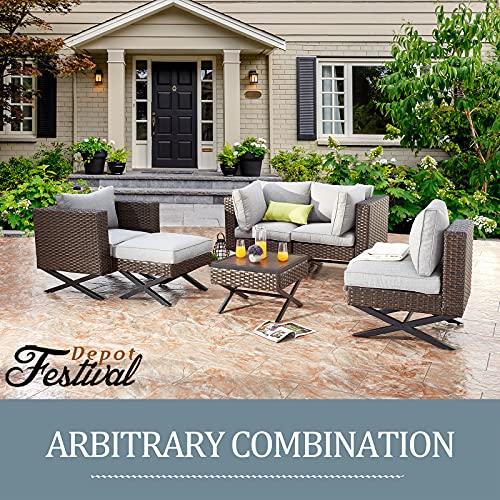 Festival Depot Patio Side Coffee Table Outdoor Bistro Dining Furniture with Wood Grain Tabletop, Wicker Rattan and X Shaped Slatted Steel Legs (Brown)