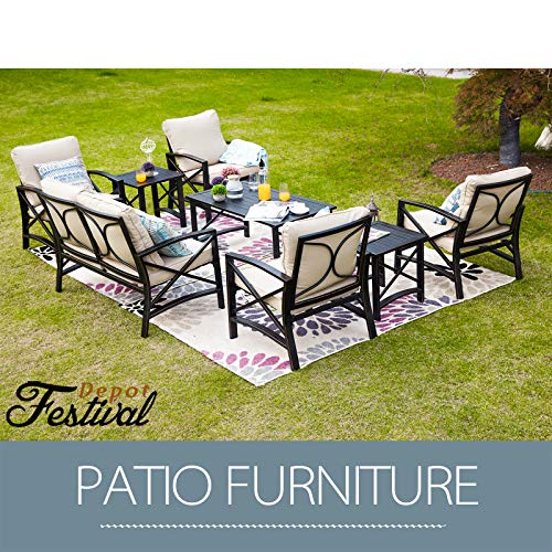 Festival Depot Outdoor Furniture Patio Conversation Set Metal Bistro Table Coffee Table Loveseat Armchairs with Seat and Back Cushions Without Pillows for Lawn Beach Backyard Pool