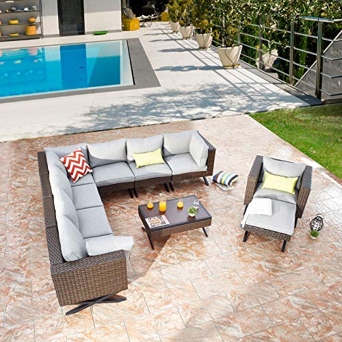 Festival Depot 10pcs Outdoor Furniture Patio Conversation Set Sectional Corner Sofa Chairs with X Shaped Metal Leg All Weather Brown Rattan Wicker Ottoman Coffee Table with Grey Seat Back Cushions 