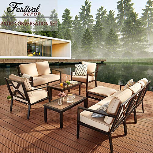 Festival Depot 10-Pieces Patio Outdoor Furniture Conversation Sets Loveseat Sectional Sofa, All-Weather Black X Slatted Back Chairs with Coffee Table and Thick Soft Removable Couch Cushions (Beige) 