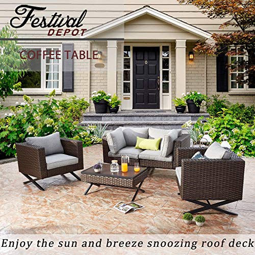 Festival Depot Patio Table Rattan Coffee Table with Aluminum Tabletop and X Shaped Leg All Weather Outdoor Wicker Furniture for Backyard Porch Garden